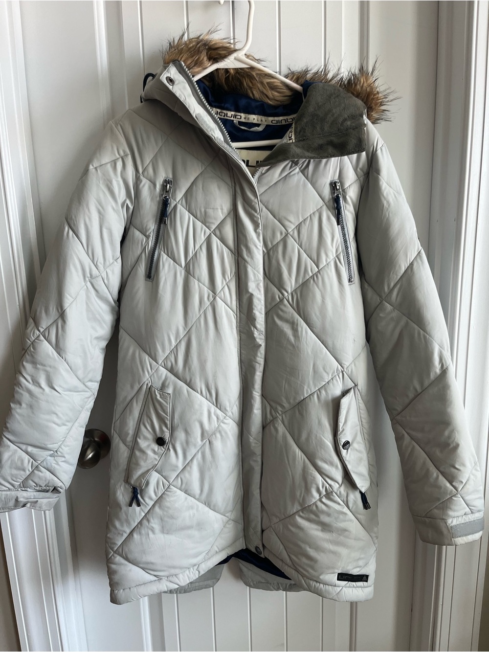 Liquid Light Gray Quilted Ski Parka with Faux Fur Trim